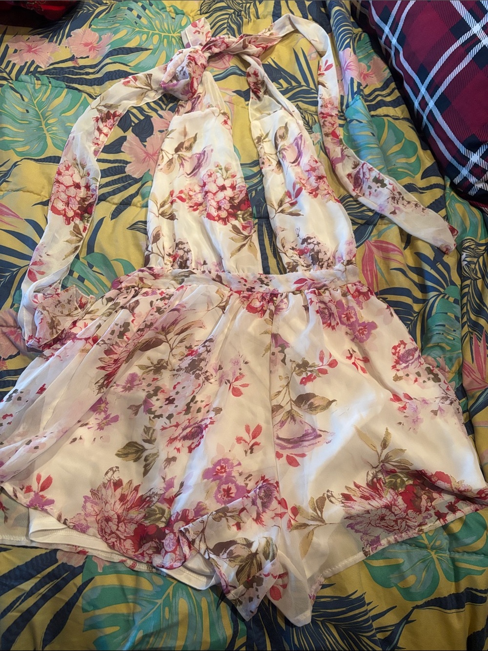 Floral Halter Romper in Ivory and Pink